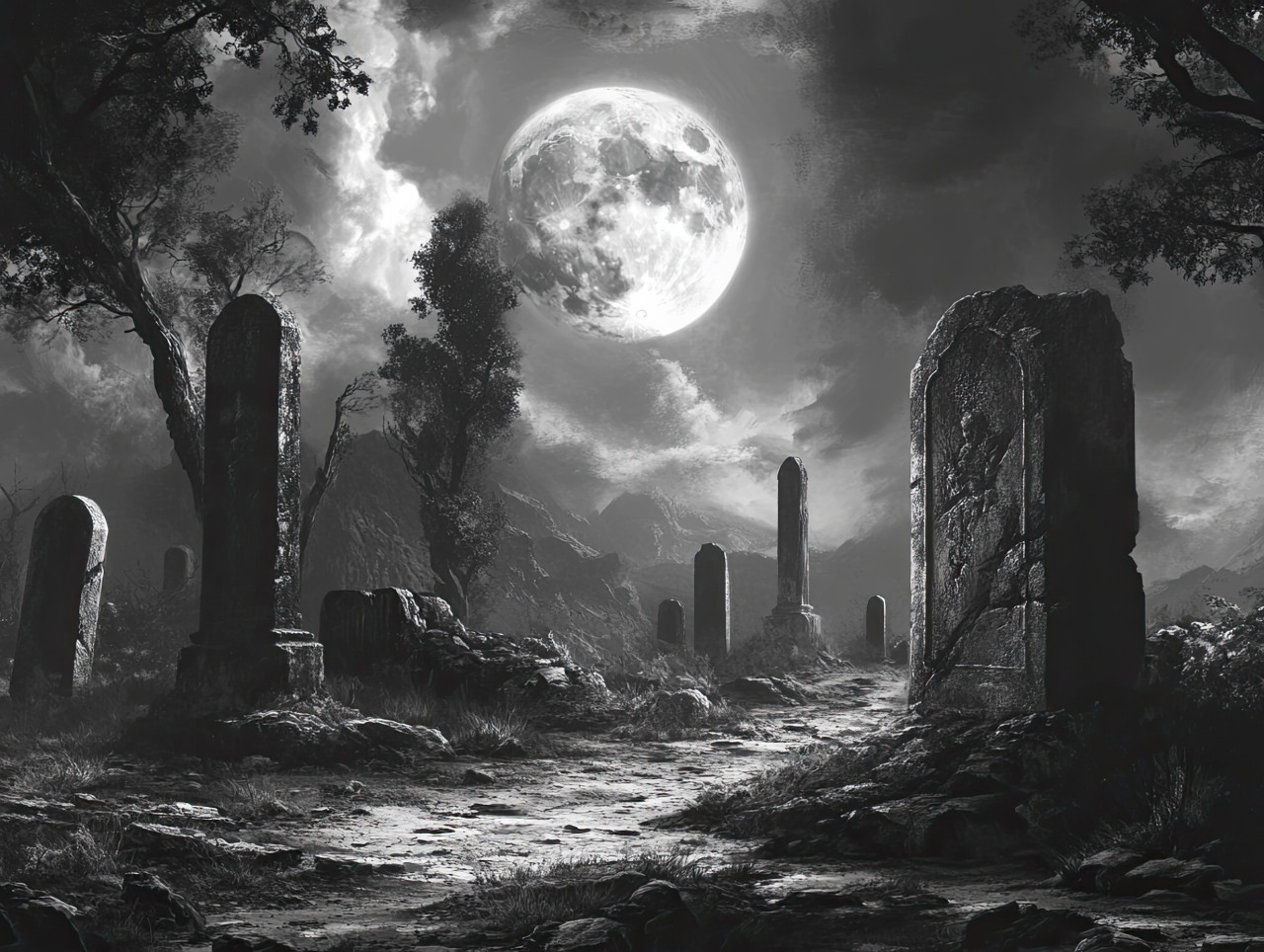Moonlit graveyard in grayscale, old tombstones under eerie light, mist hovering over the ground, mysterious and haunting, spooky nighttime scene
