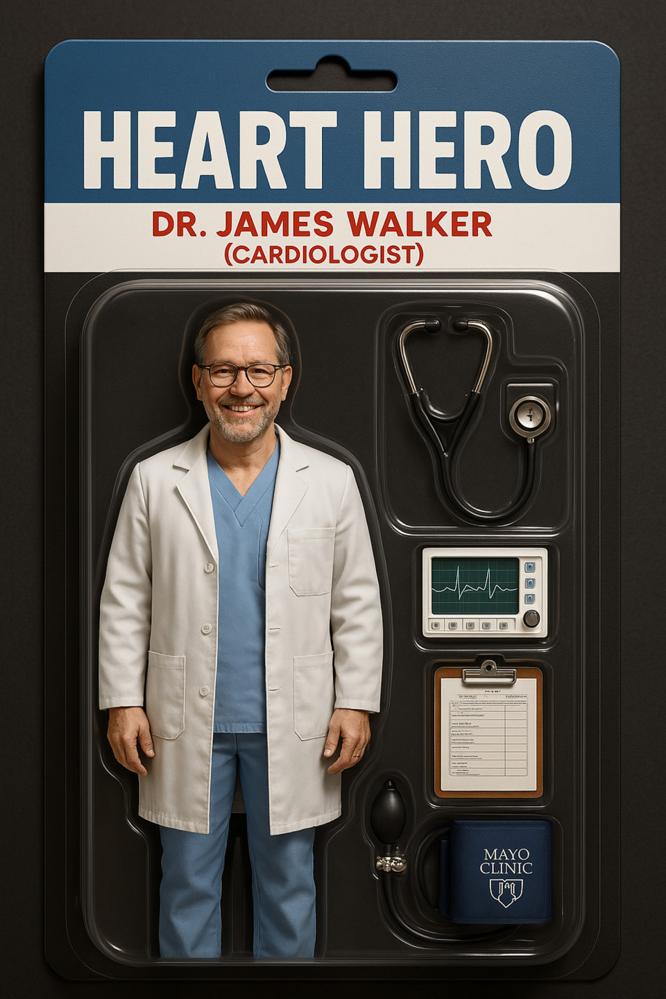 Cardiologist in realistic collectible action figure style, medical expert toy concept for health and science fans