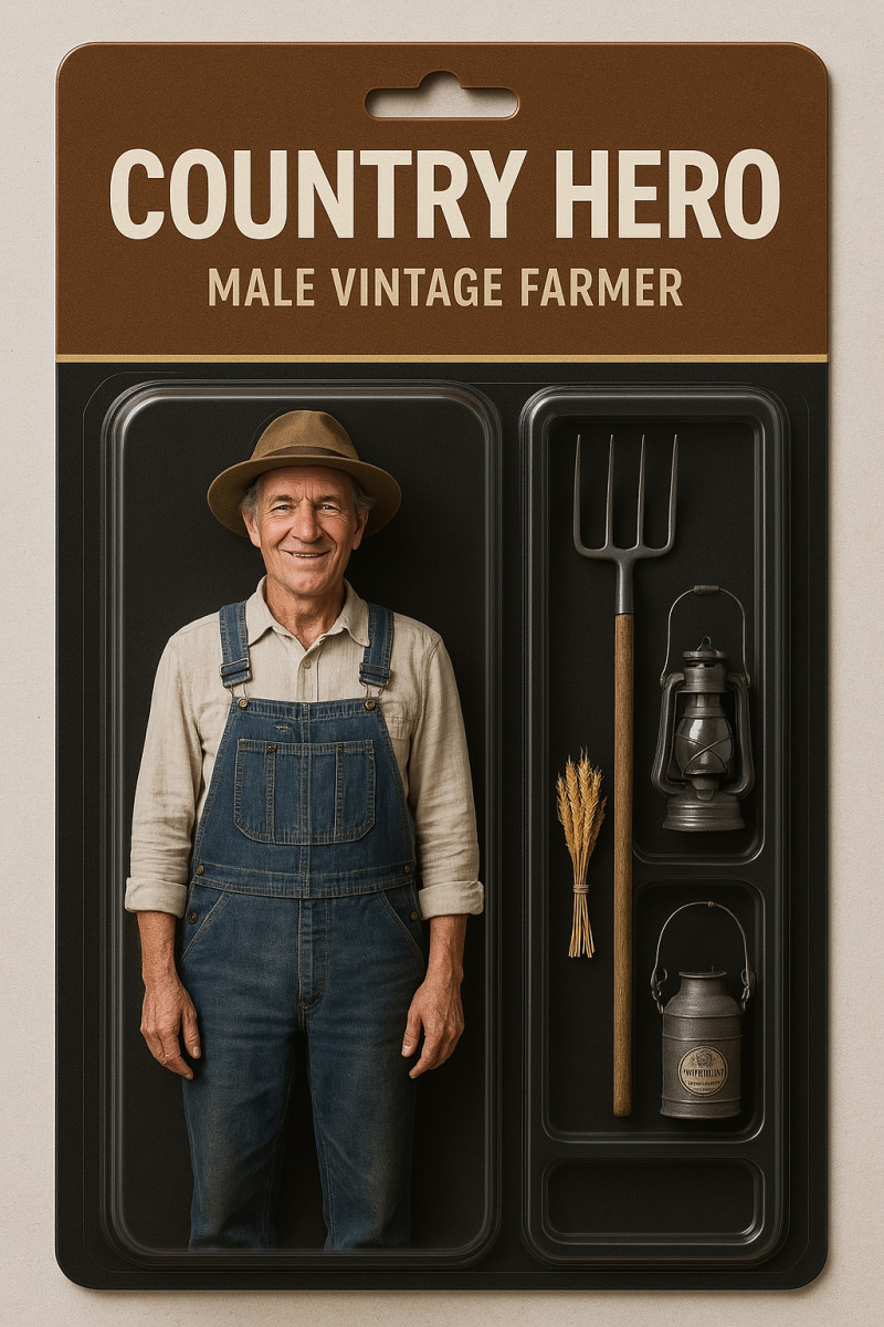 Male vintage farmer in realistic collectible action figure style, traditional agriculture toy concept for vintage farm enthusiasts