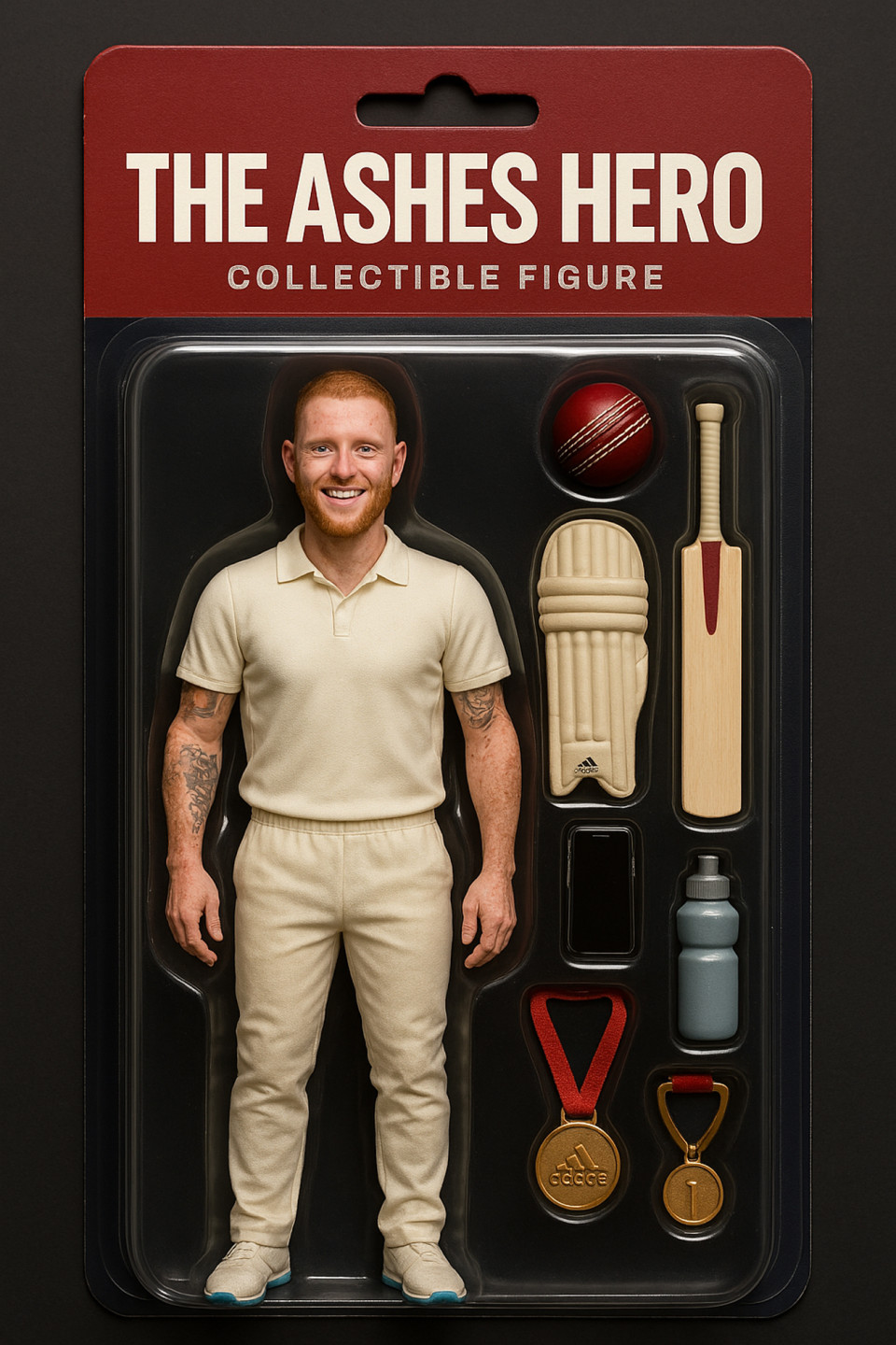 Cricket player ben stokes in realistic collectible action figure style, dynamic sports toy concept for cricket fans