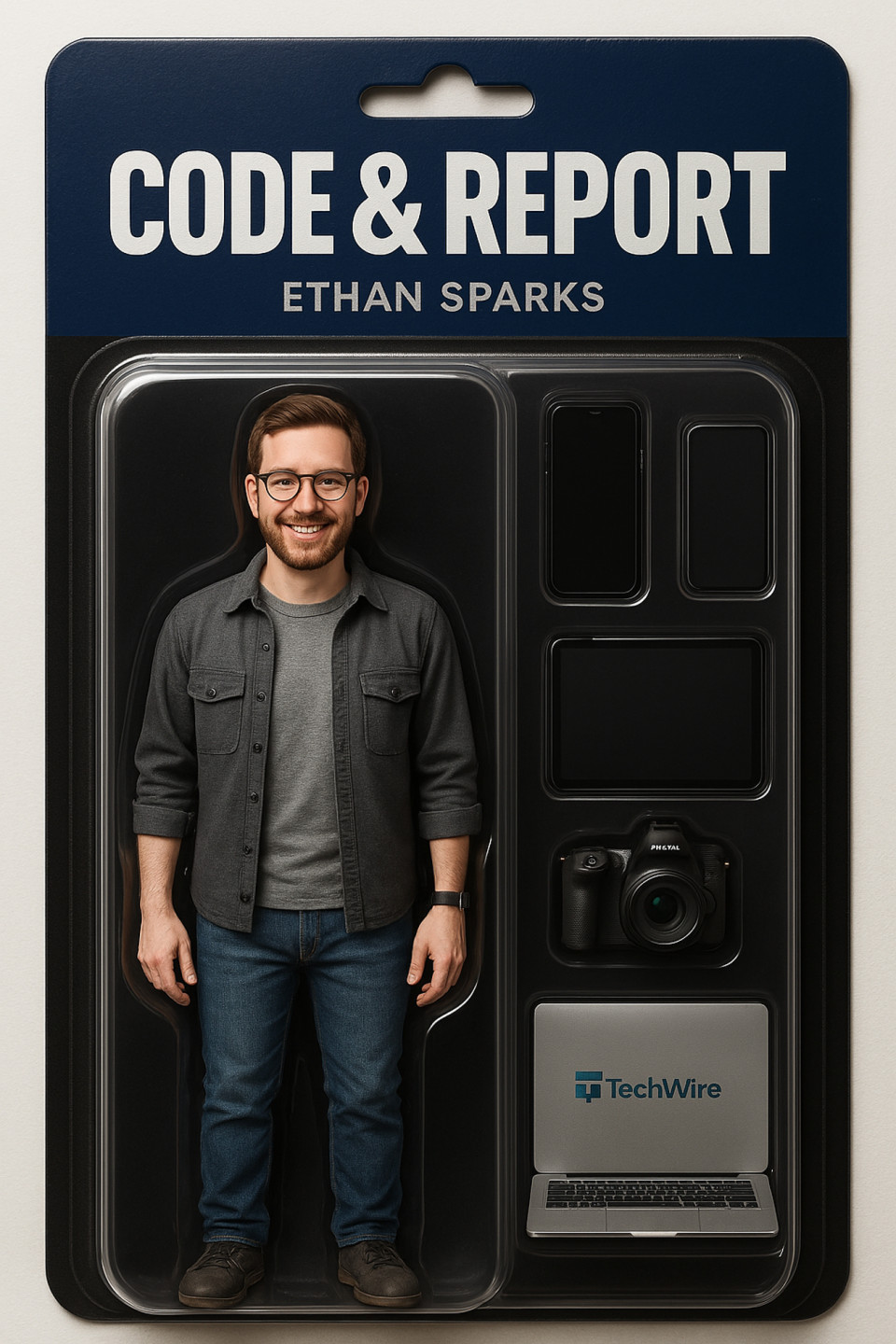 Tech journalist ethan sparks in realistic collectible action figure style, digital reporting toy concept