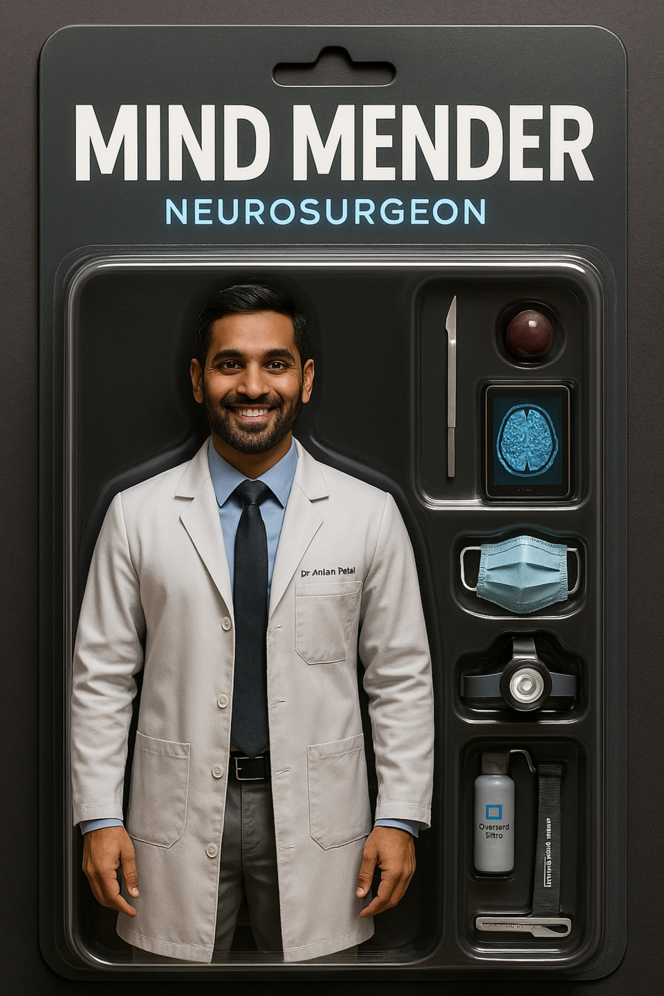 Neurosurgeon in realistic collectible action figure style, medical concept collectible toy for fans of science and surgery