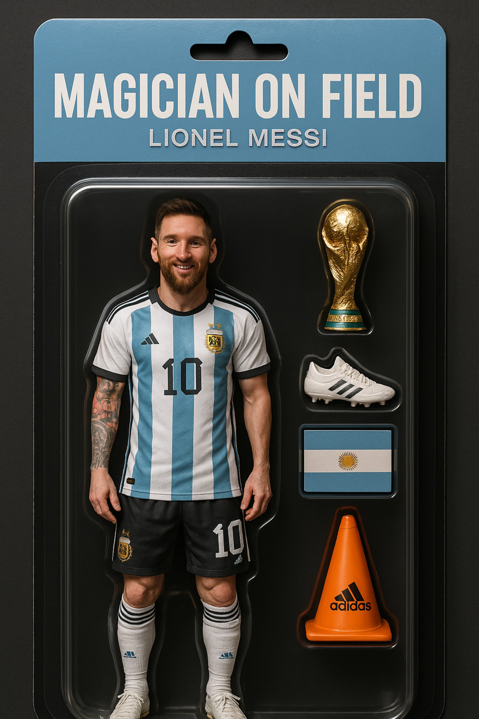 Soccer player lionel messi in realistic collectible action figure style, lifelike soccer toy concept for football collectors
