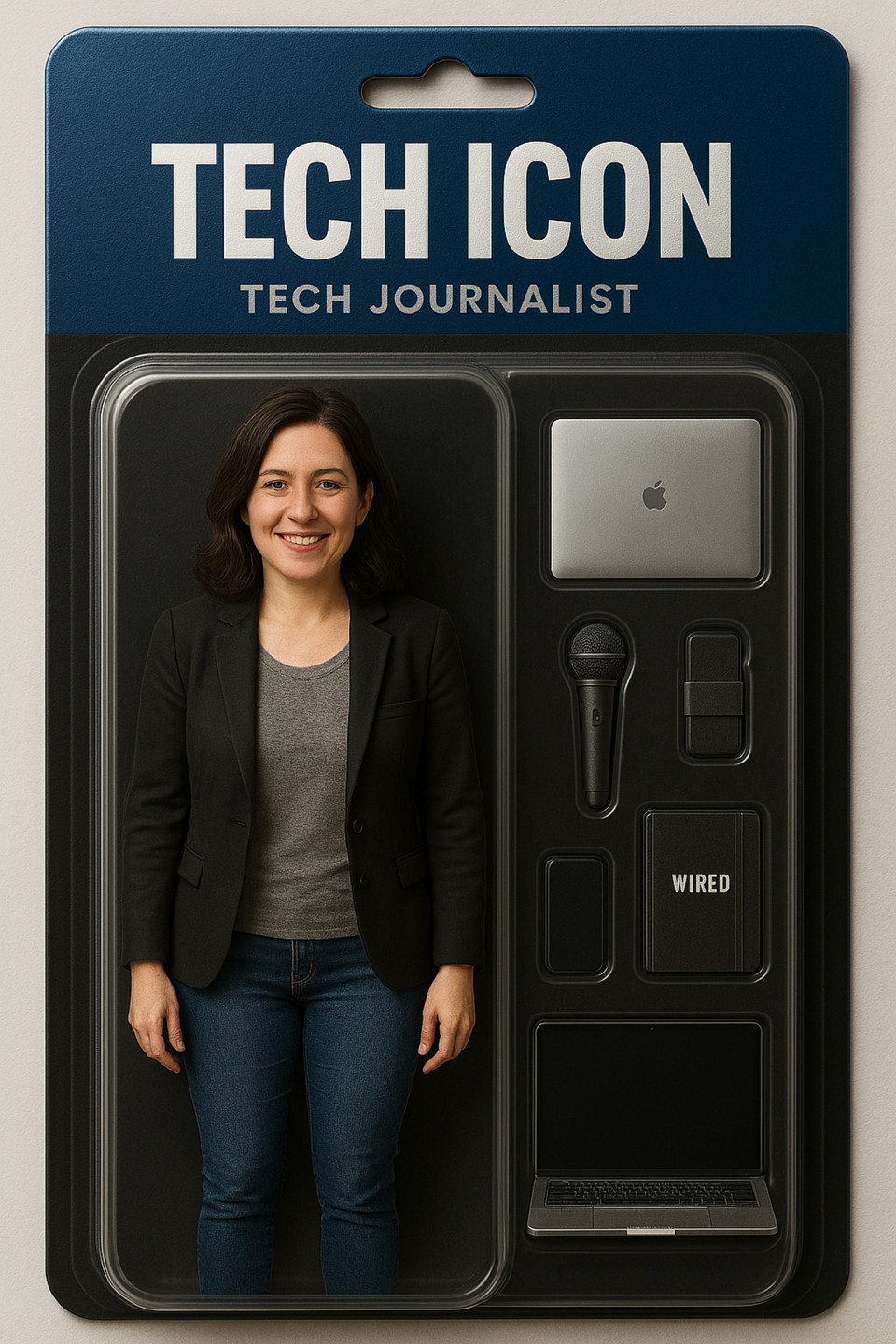 Female tech journalist in realistic collectible action figure style, media storytelling toy for fans of digital journalism