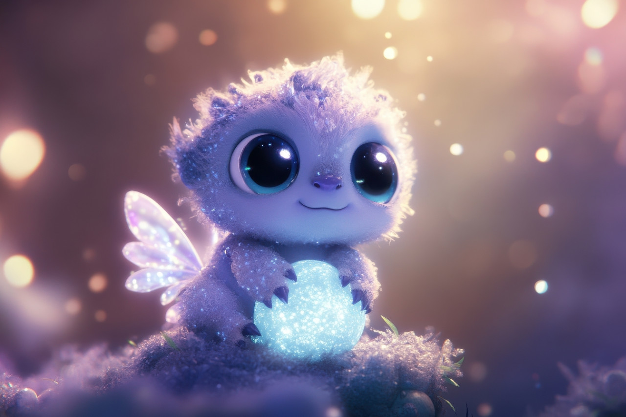 Joyful baby monster in pixar animation style with lavender fur and glowing wings sits on crystal egg in sky island garden with plush body and tiny limbs