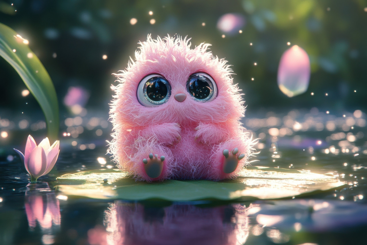 Whimsical baby monster in pixar animation style with pink fur and fairy dust sits on lily pad in moonlit pond with tiny limbs and big expressive eyes