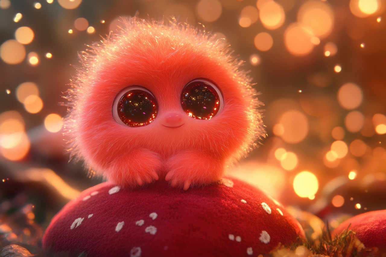 Baby monster in pixar animation style with coral red fur and gemstone eyes rests on velvet mushroom in ember glen with soft plush body and big eyes