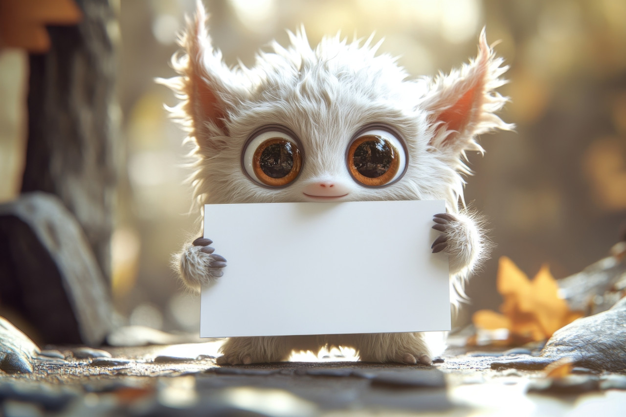 Fantasy baby monster with cute eyes and fuzzy fur holds sign at kids playground ad-ready pixar, studio ghibli style design with playful energy