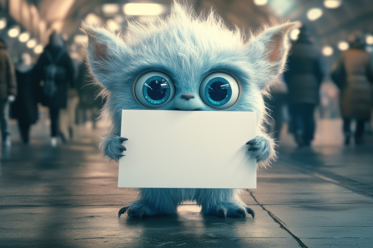 Baby monster with big eyes and fluffy fur stands holding blank sign in busy metro station cute pixar, studio ghibli style character design for ads