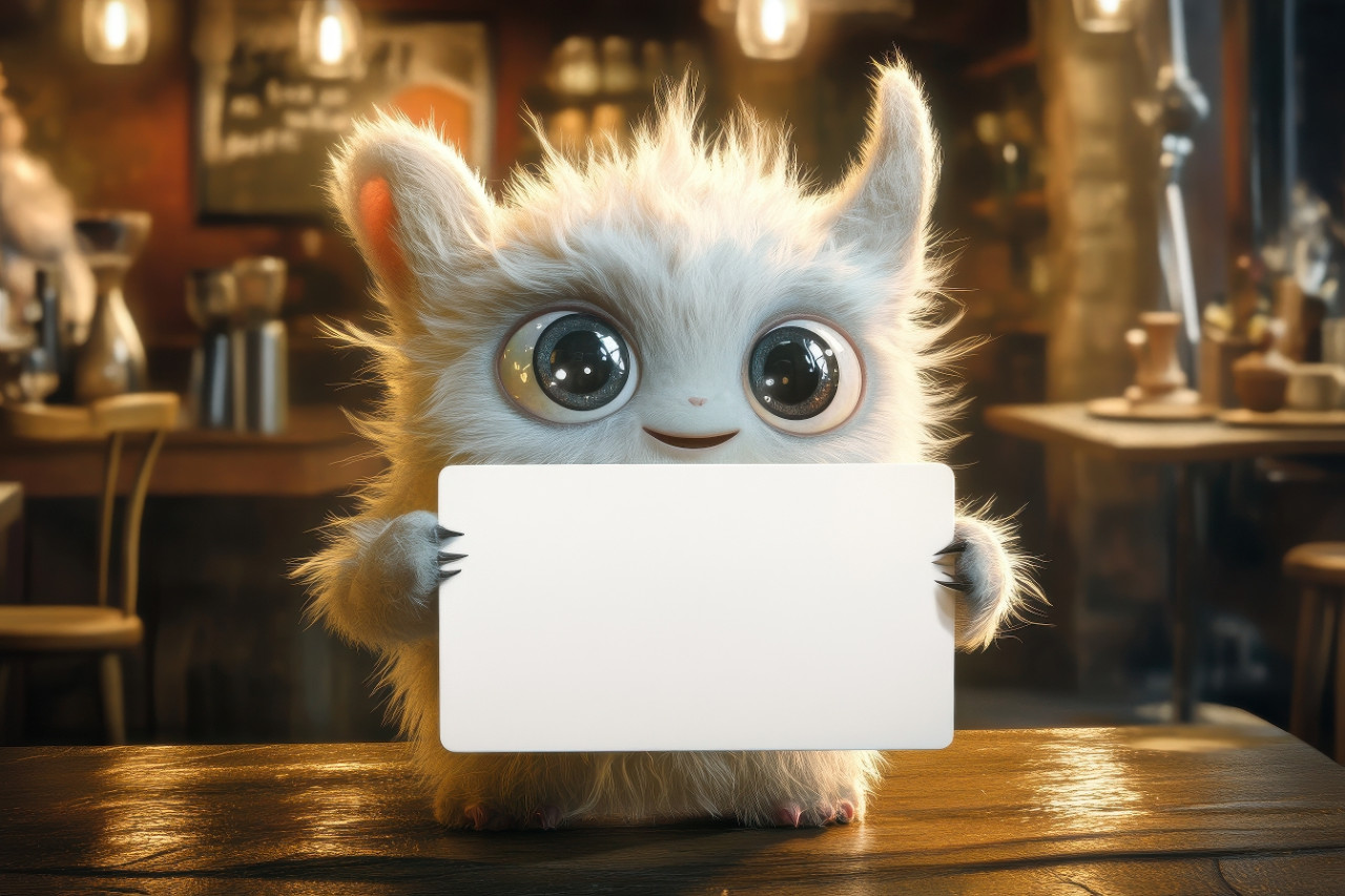 Baby monster with soft fur and sparkling eyes holds a blank sign in cozy coffee shop pixar, studio ghibli style creature design for ad space concept