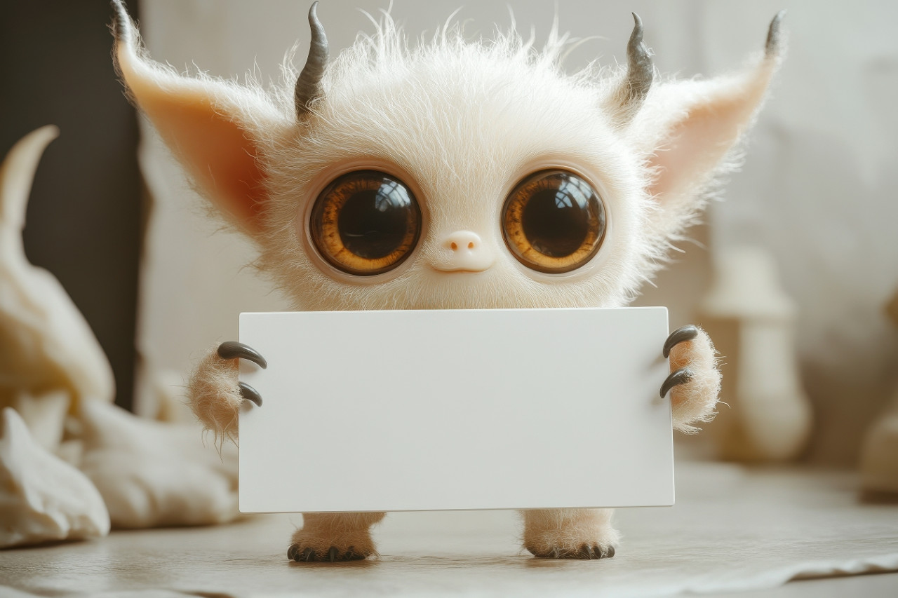 Adorable baby monster with tiny horns holds blank sign in modern art gallery pixar, studio ghibli style design with creative ambient focus