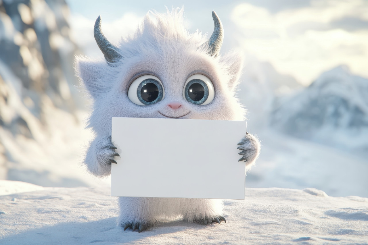 Baby monster with sparkling eyes holds clean sign in snowy mountain scene pixar, studio ghibli style creature in crisp cold adventure setting