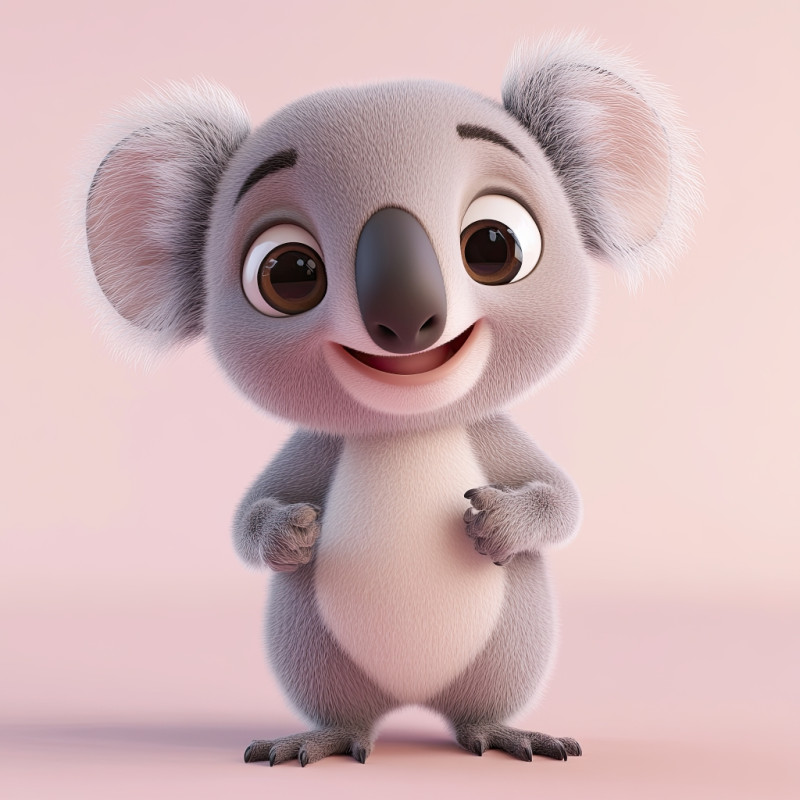 Baby koala standing upright with joyful face, cartoon marsupial in playful style, cute forest animal for fun kid friendly visuals, happy wild concept
