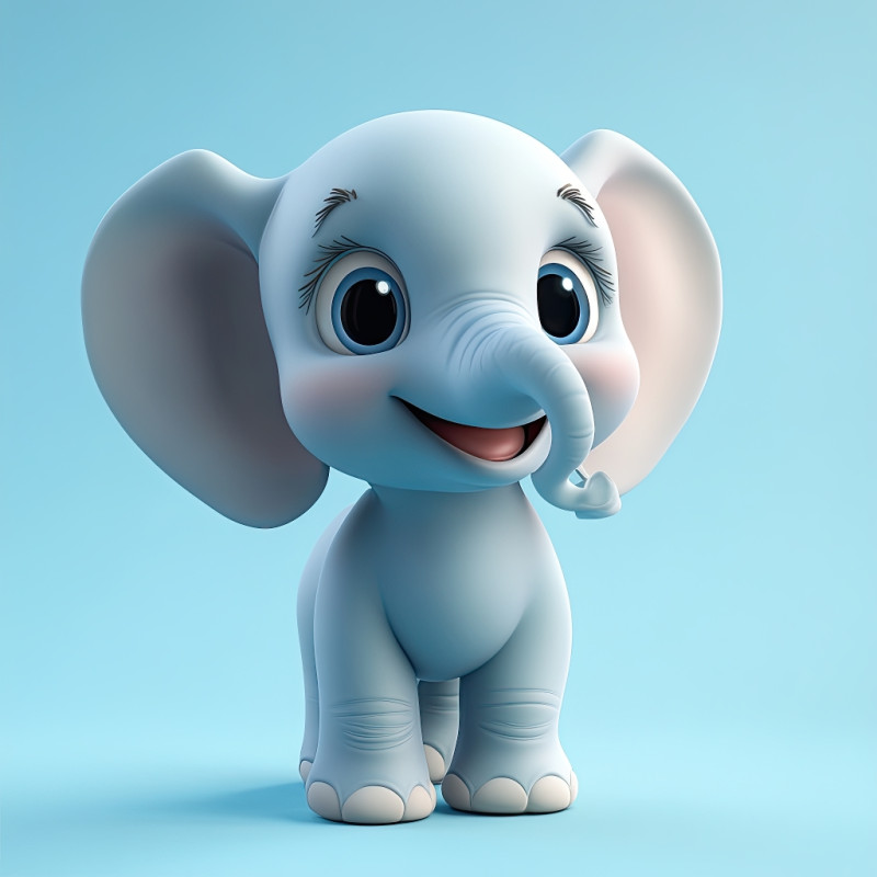 Baby elephant in playful pose with happy smile standing upright, cartoon animal character, fun wildlife design for kids, joyful safari concept