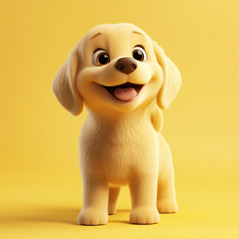 Golden retriever puppy standing upright with cheerful face, friendly cartoon dog in a fun pose, happy pet design for children, cute animal theme