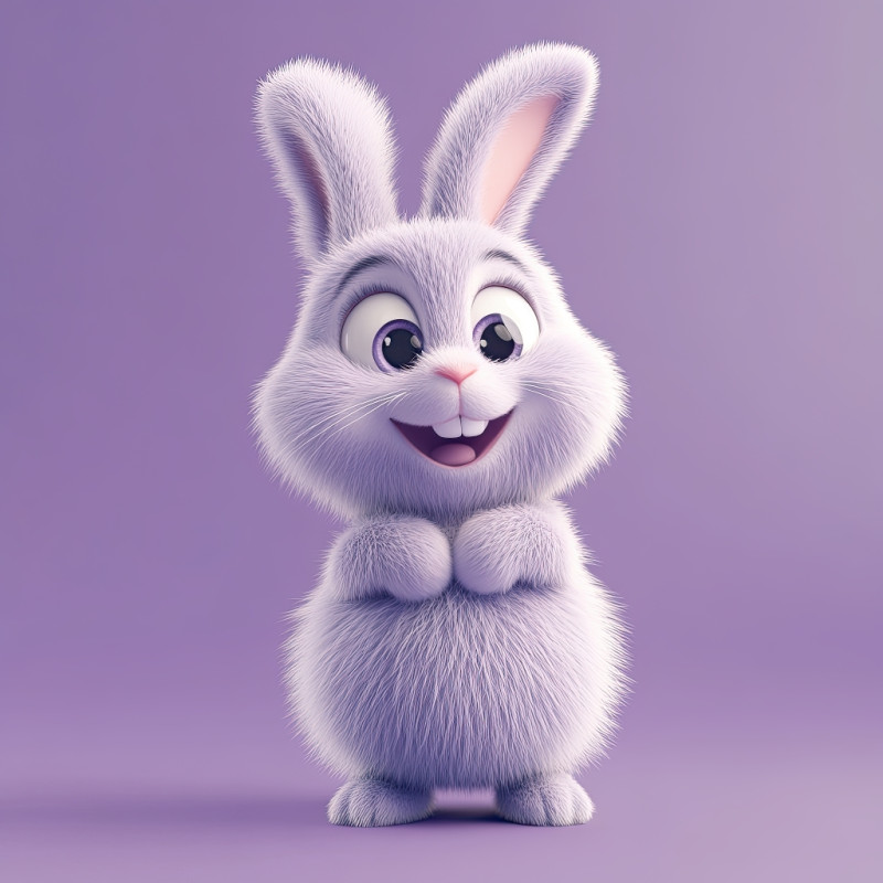 Fluffy bunny with smiling face in a standing pose, adorable cartoon rabbit in a fun moment, soft animal character for children theme