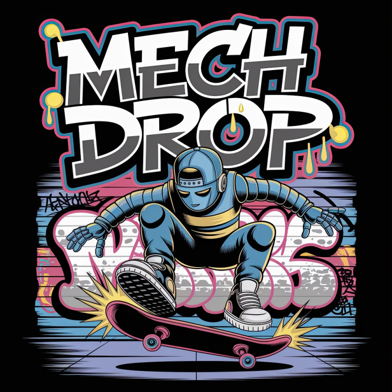 Graffiti-style robot wearing a cap and sneakers, skateboarding mid-air with sparks flying. bold t-shirt design, comic-book style, neon blue and pink, dynamic streetwear art.