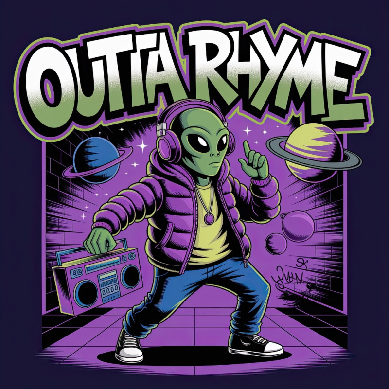 Graffiti-style alien with a puffer jacket, freestyling with a floating boombox. bold t-shirt design, comic-book style, neon green, violet, and silver, cosmic street art vibes.