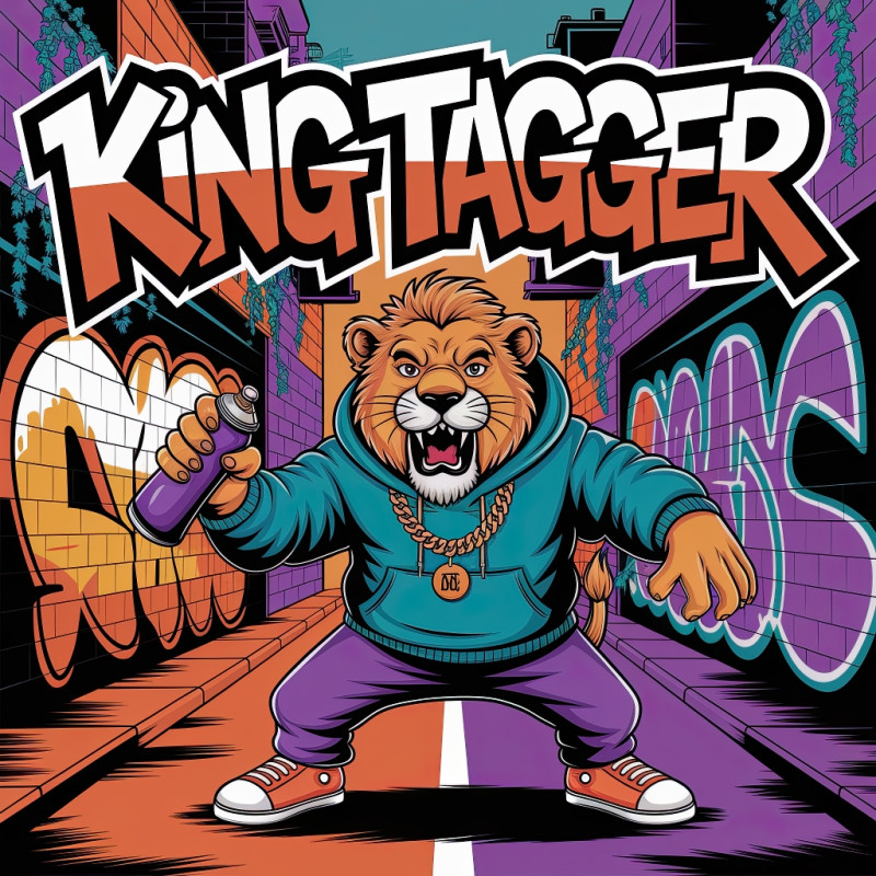Graffiti-style anthropomorphic lion with a gold chain, spraying graffiti in an urban alley. bold t-shirt design, comic-book style, vibrant orange, purple, and teal colors.