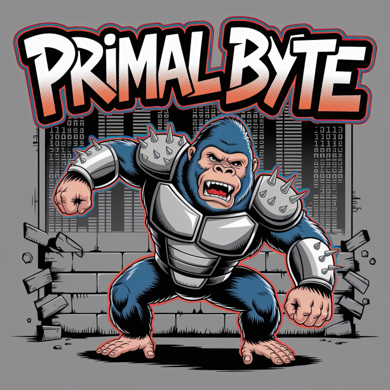 Graffiti-style cyborg gorilla punching through a concrete wall. bold t-shirt design, comic-book style, gunmetal gray, neon orange, and cobalt blue digital city art.