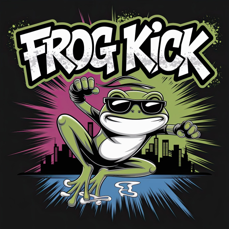 Graffiti-style ninja frog doing a mid-air flip with smoke trails. bold t-shirt design, comic-book style, lime green, magenta, and electric blue, dynamic street art illustration.