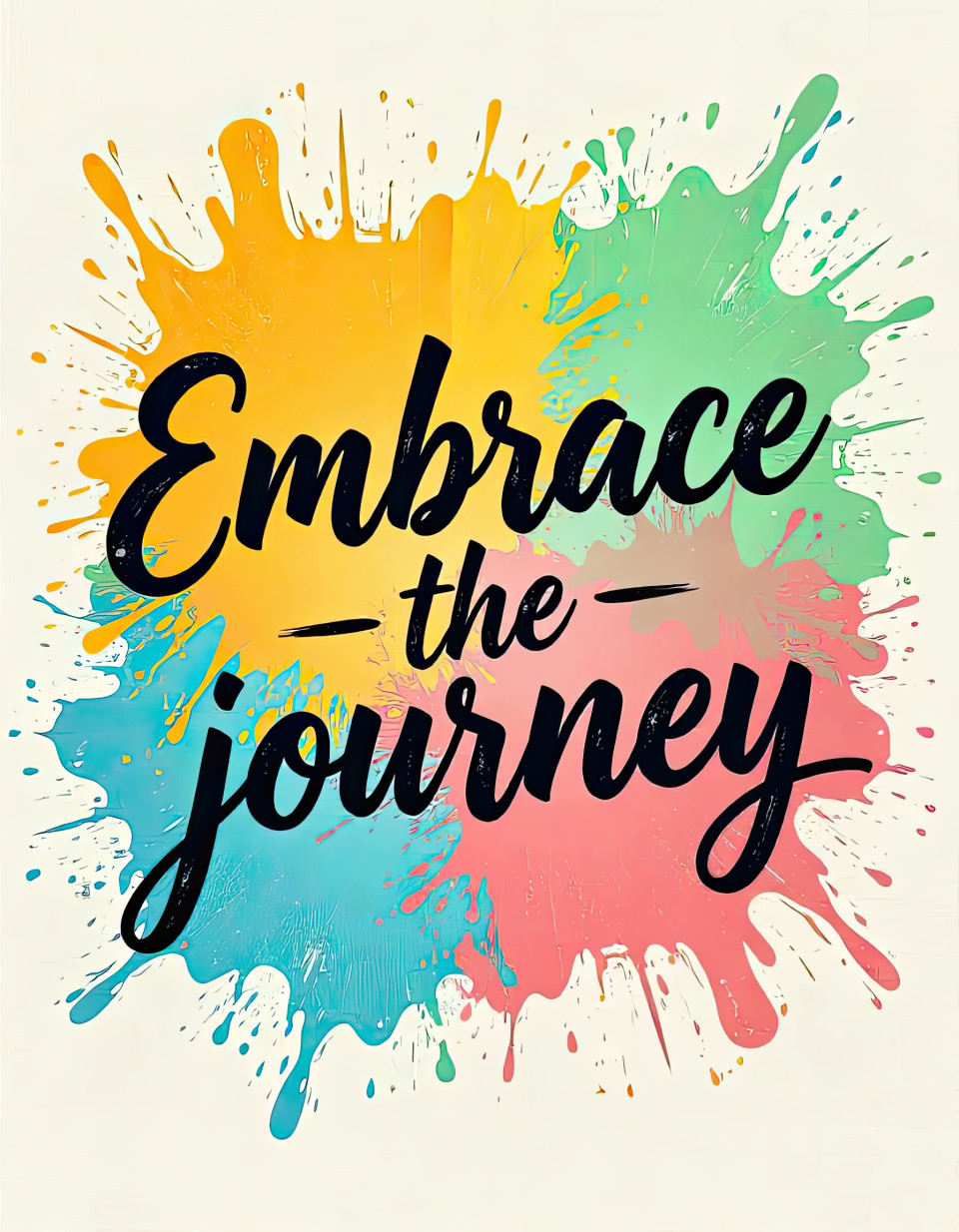 Motivational quote embrace the journey in bold hand-lettered typography on a splash-ink background with honey yellow, pistachio green, coral pink, and sky blue tones. inspiring art