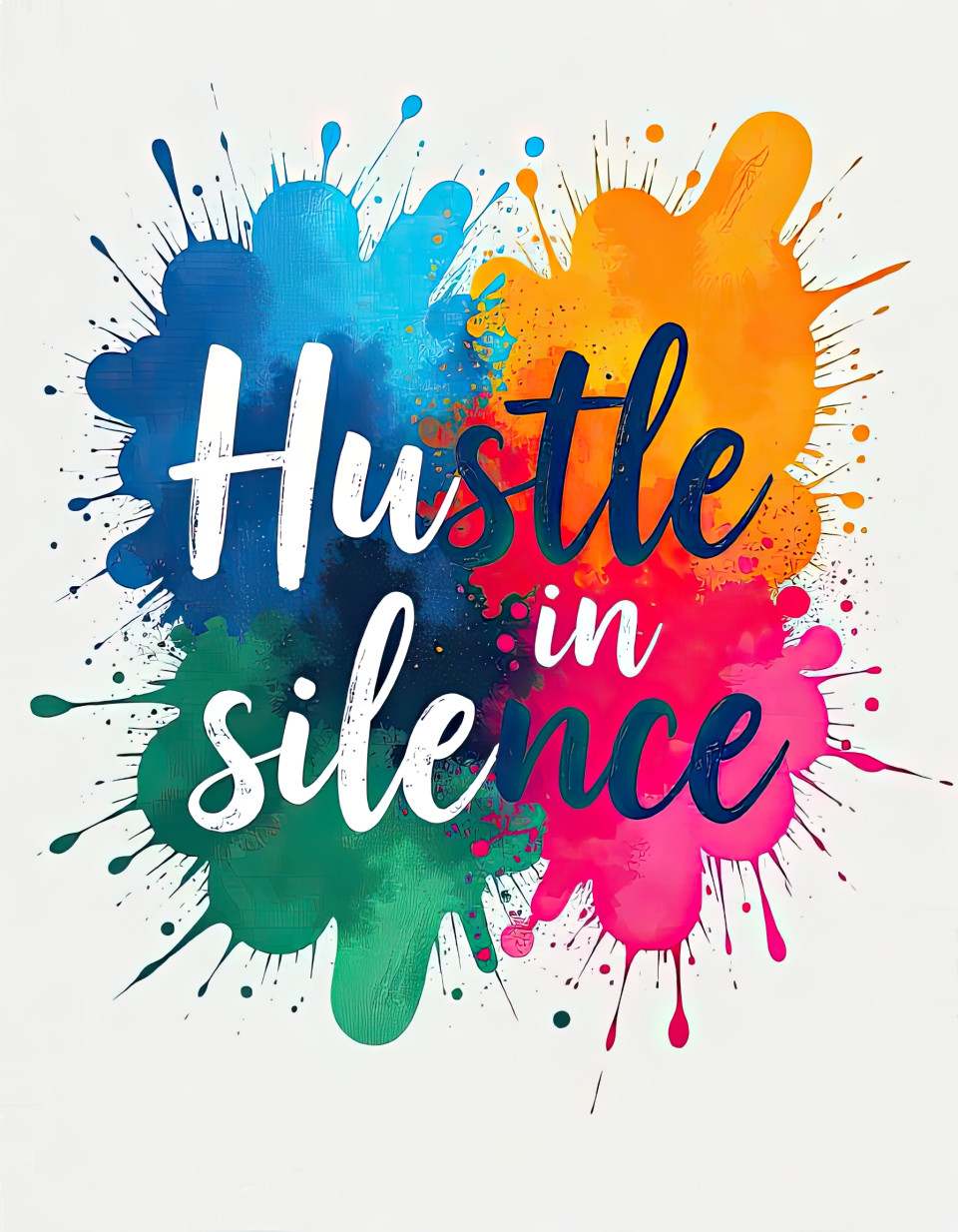 Motivational quote hustle in silence in bold typography on an expressive splash-ink background with cobalt blue, tangerine, forest green, and rose pink tones. high-contrast art