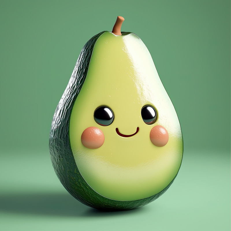Realistic 3d rendering of an avocado with a blushing face in kawaii style. soft textures, blushing cheeks, and glossy eyes on a mint green background. toy-like pixar realism