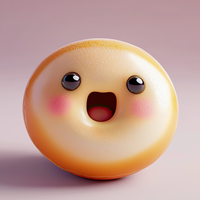 Realistic 3d rendering of a donut with a surprised face in kawaii style. soft textures, blushing cheeks, and glossy eyes on a lavender background. toy-like realism, pixar-quality