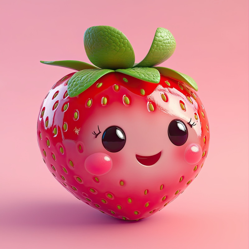 Realistic 3d rendering of a strawberry with a cute, smiling face in kawaii style. soft textures, blushing cheeks, and glossy eyes on a pink background. toy-like realism