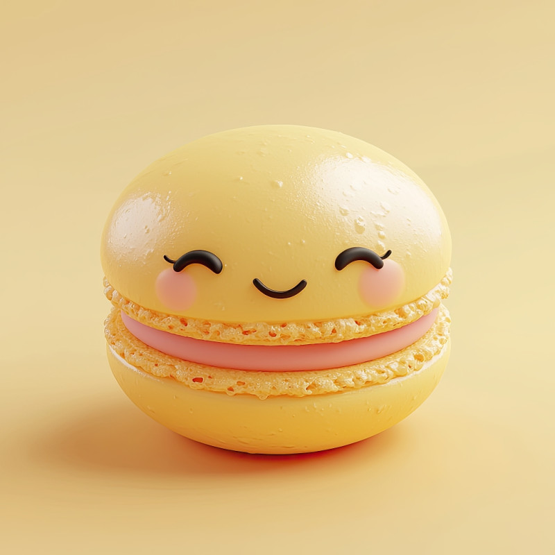 Realistic 3d rendering of a macaron with a winking face in kawaii style. soft textures, blushing cheeks, and glossy eyes on a pale yellow background. toy-like, pixar-style realism