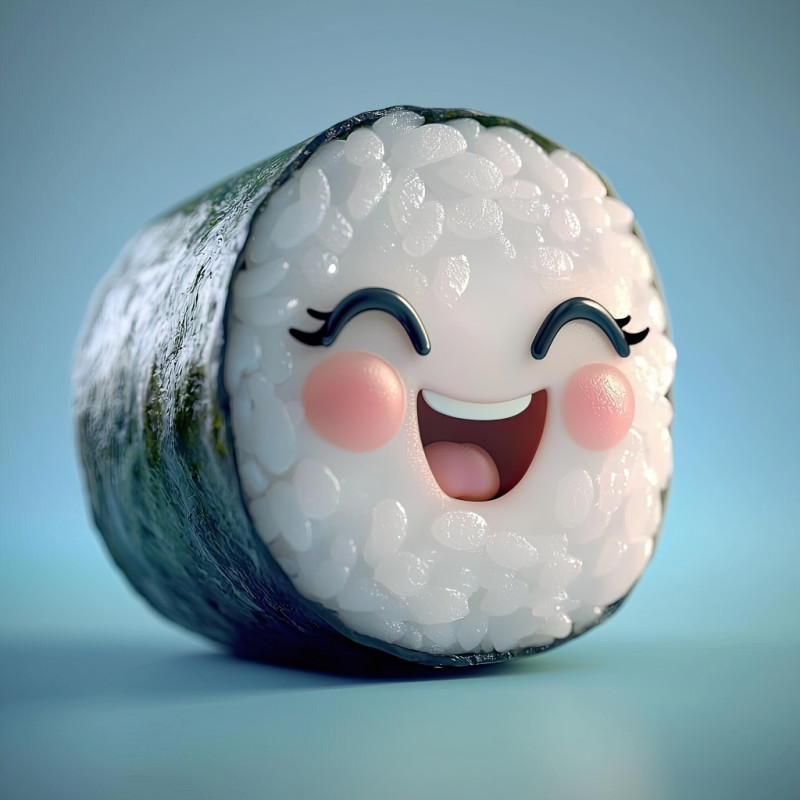 Realistic 3d rendering of a sushi roll with a laughing face in kawaii style. soft textures, blushing cheeks, and glossy eyes on a pastel blue background. pixar-style, toy-like realism