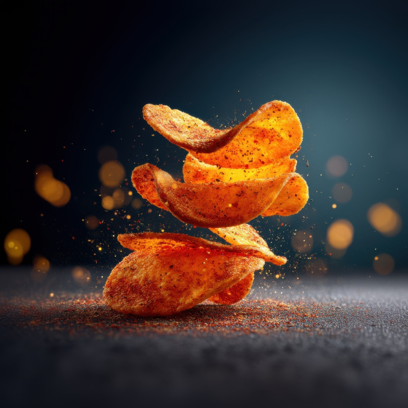 Spicy potato chips flying mid-air with chili dust and glowing texture, dark background, crispy detail, food in motion shots, macro food photography style