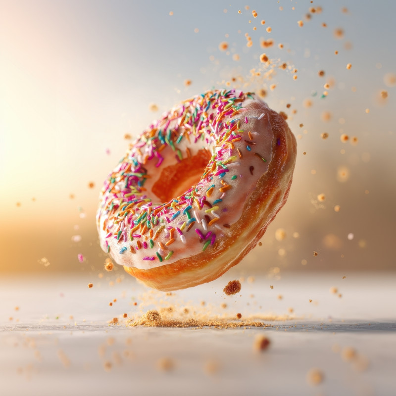 Glazed donut with rainbow sprinkles flying mid-air with crumbs, vivid texture, clean background, golden bokeh, flying food motion, macro food photography