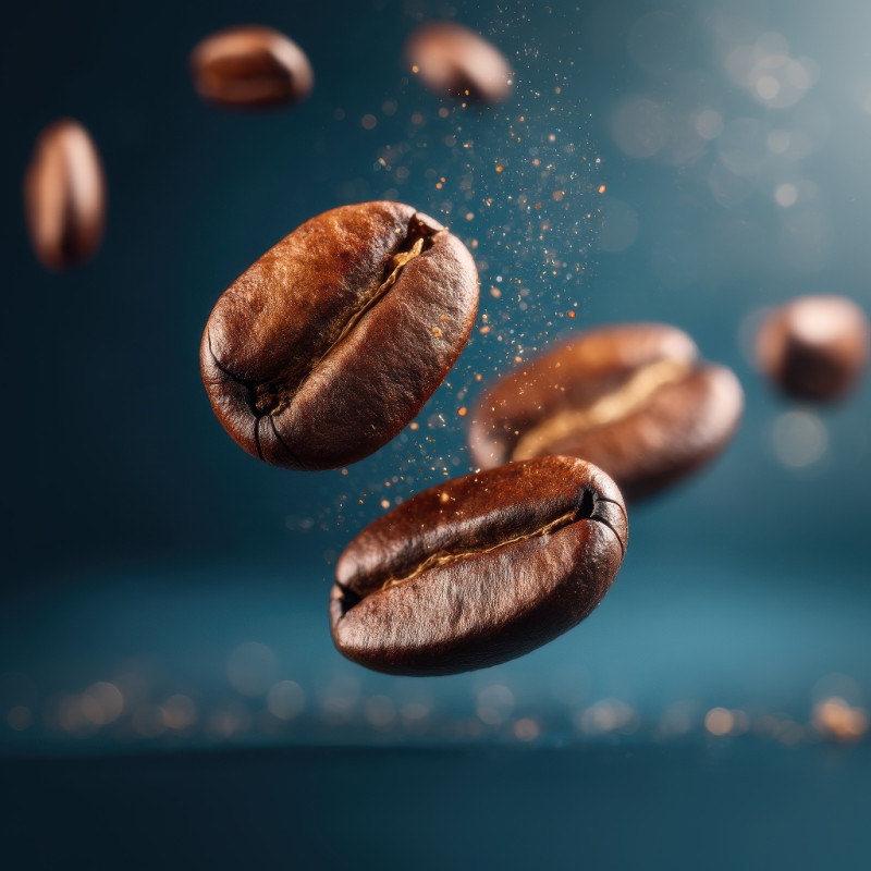 Roasted coffee beans flying mid-air with coffee granules around, rich brown tones, food in motion shots, glossy texture, macro food photography lighting