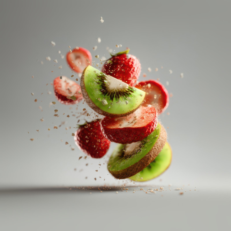 Sliced kiwi and strawberries flying mid-air, crisp textures, clean background, motion food photography shots, macro detail with soft colorful bokeh