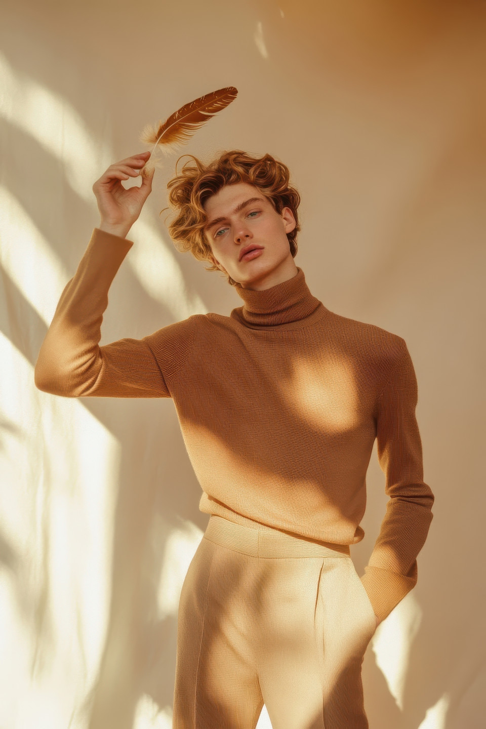 Surreal fashion portrait of a young man in a camel turtleneck and wide-leg trousers, balancing a feather. warm beige tones and painterly symbolism, inspired by 1970s studio portraits