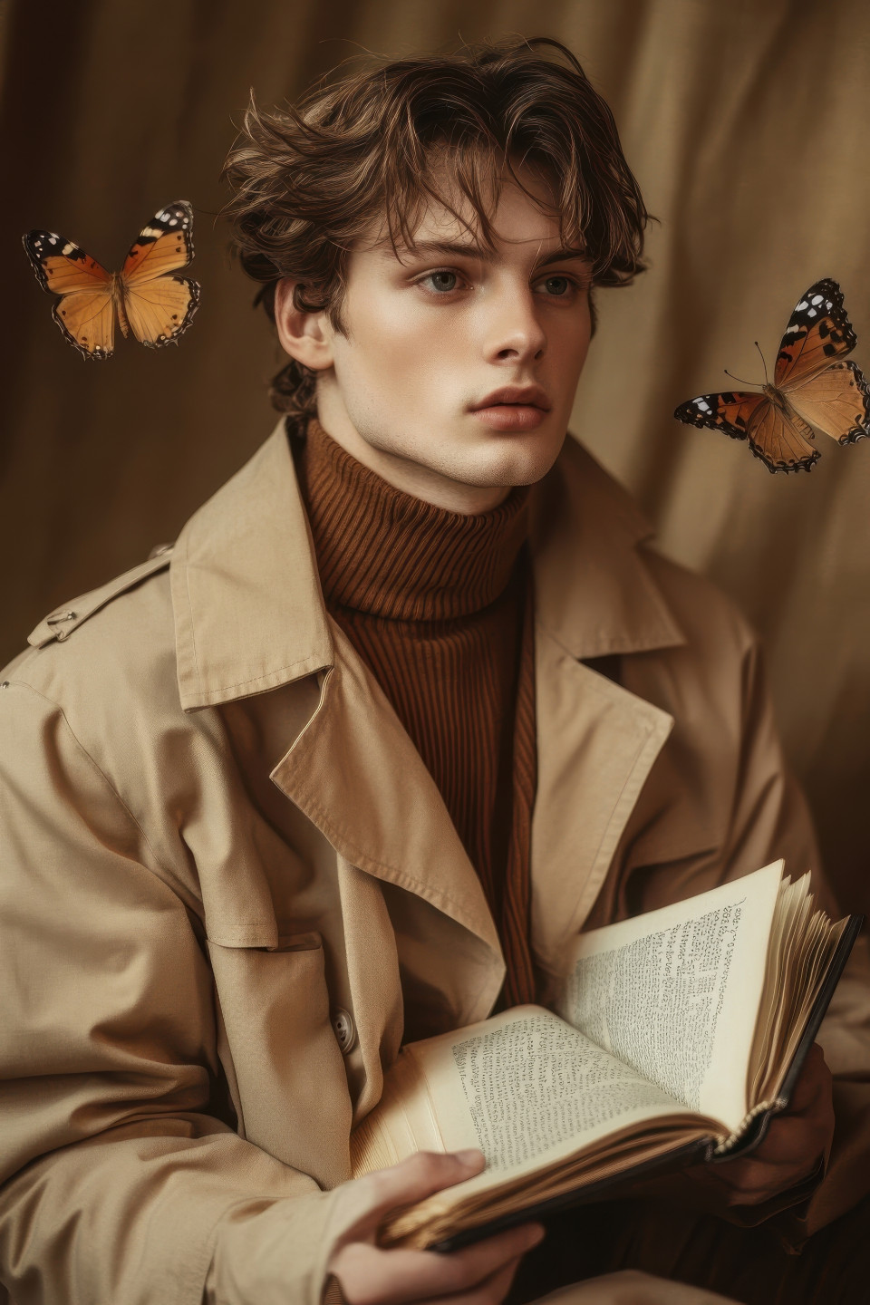 Surreal portrait of a young man in a vintage trench coat, holding a book with butterflies flying out. warm tones, soft lighting, and a painterly, 1970s fashion-inspired mood