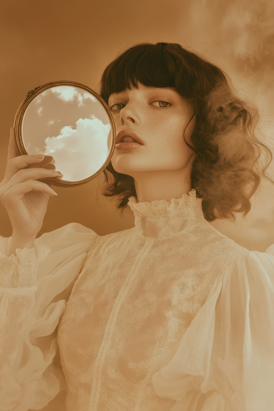 Surreal fashion portrait of a woman in a sepia-toned dress, staring into a hand mirror reflecting a cloudy sky. soft lighting and vintage 1970s-inspired dreamy atmosphere