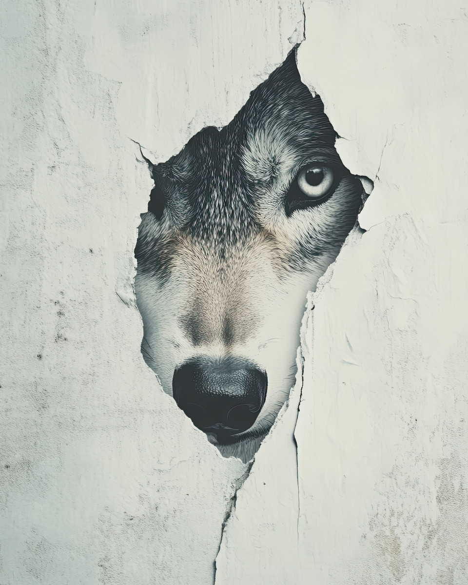 This vintage poster captures a howling wolf breaking through a torn white wall. retro collage elements, dramatic shadows, and expressive brush textures highlight its wild, surreal energy.