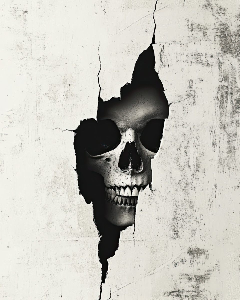 A haunting skull stares through a torn white canvas in this high-contrast vintage poster. layered textures and brush strokes amplify its surreal, eerie atmosphere.