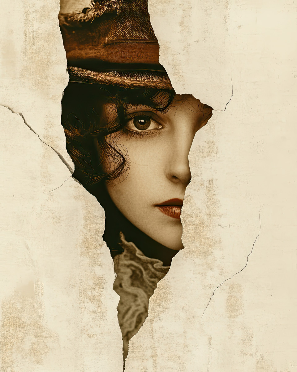 Vintage poster of a victorian woman dramatically peeking through a ripped canvas. high-contrast lighting, painterly textures, and surreal retro collage effects evoke mystery and old-world elegance.