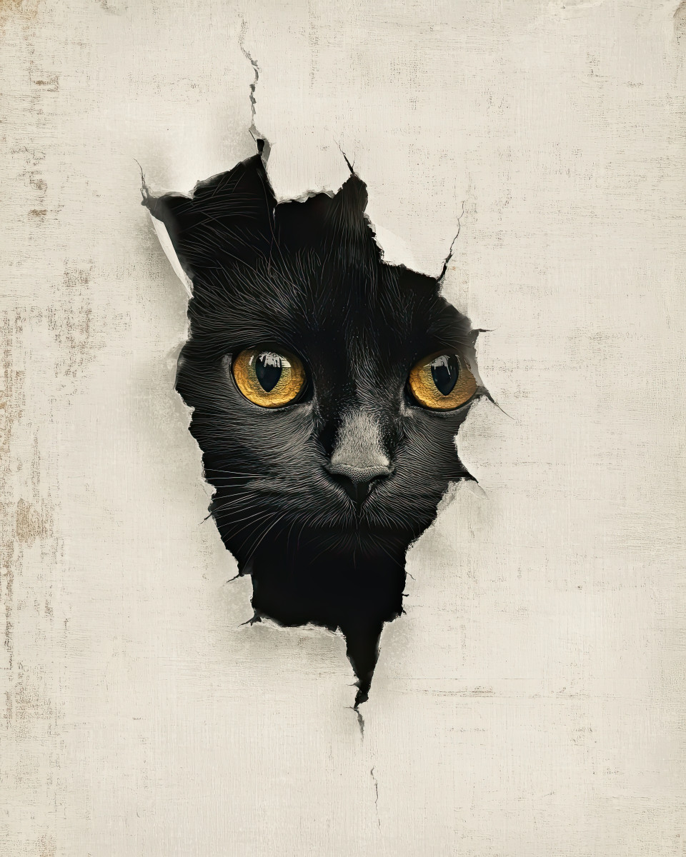 Vintage poster of a black cat with glowing eyes peeking through a torn white canvas. textured brush strokes, dramatic lighting, retro collage effects create a mysterious, surreal mood. perfect for lovers of vintage posters, torn paper effects, midjourney prompts