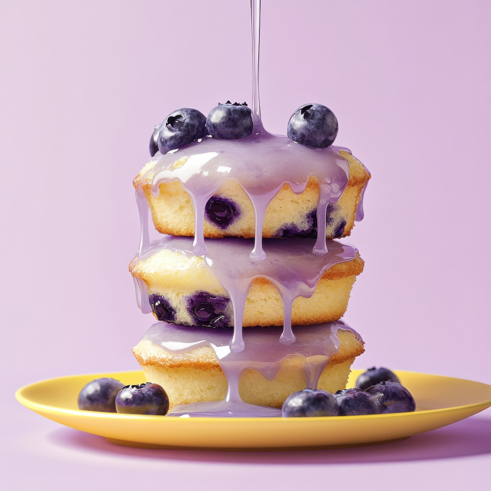 Blueberry muffin stack with fresh blueberries and lemon glaze drizzle, pale lavender backdrop, rich glistening textures, minimalist food photography, midjourney food prompts