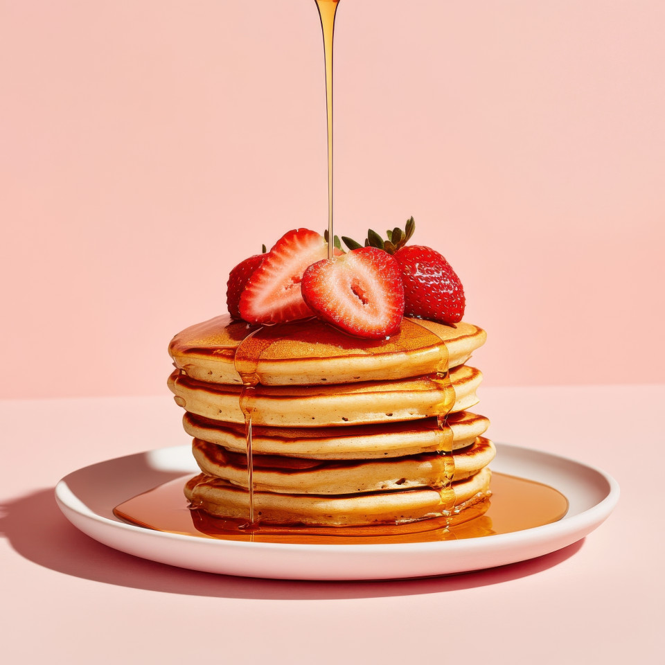 Layered pancake stack topped with strawberries and maple syrup drizzle, soft pink backdrop, rich textures highlighted, minimalist food photography, layered food prompt