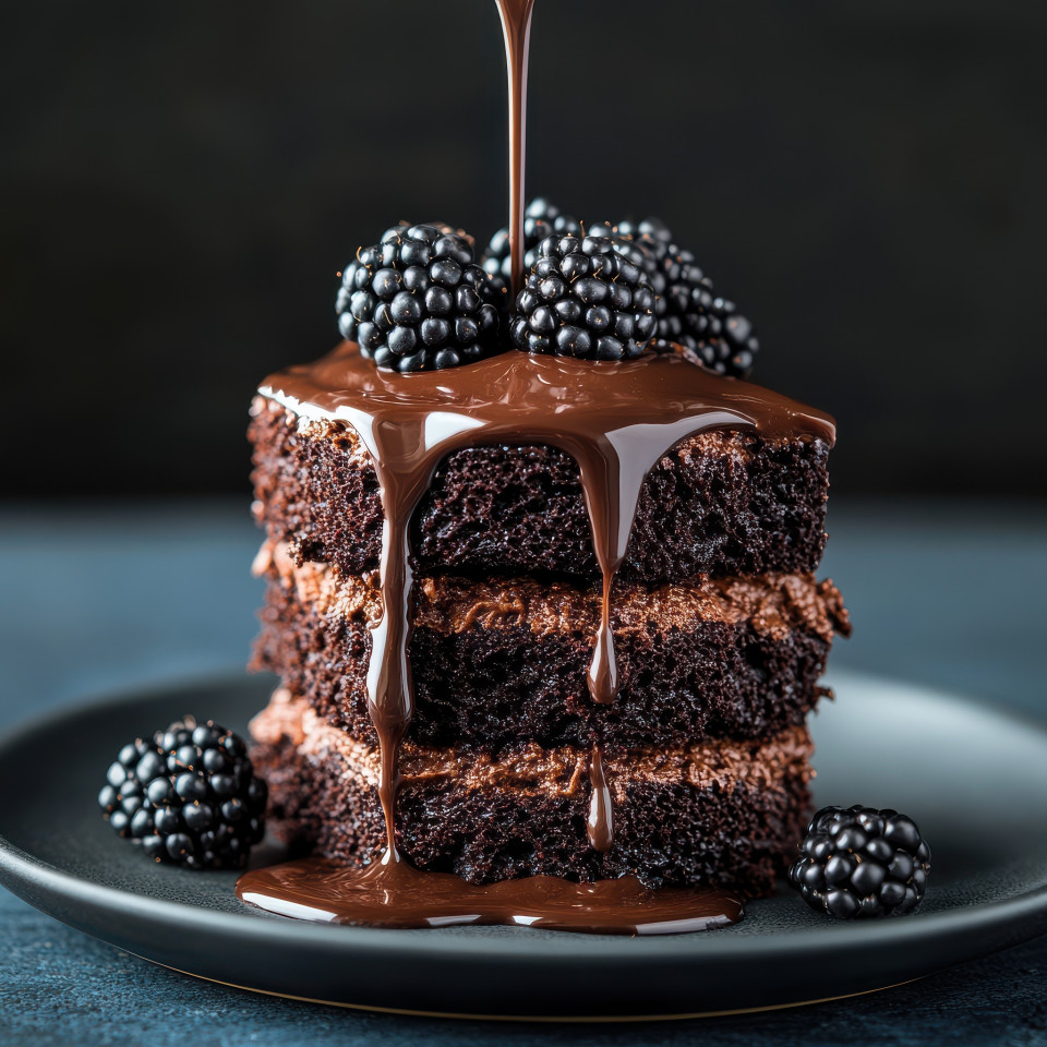 Chocolate cake stack topped with blackberries and dark ganache drizzle, slate blue backdrop, clean rich textures, minimalist food photography, midjourney food prompts