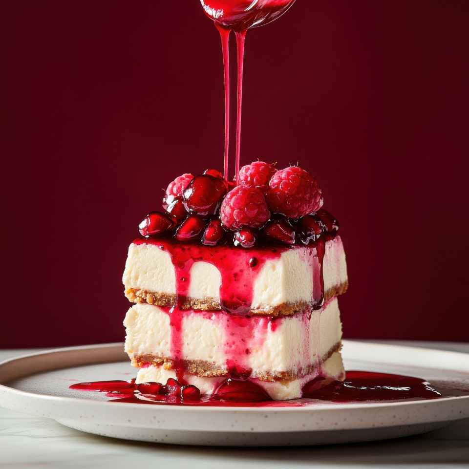 Cheesecake stack topped with pomegranate seeds and raspberry coulis drizzle, crimson backdrop, natural light textures, minimalist food photography, ai image prompts