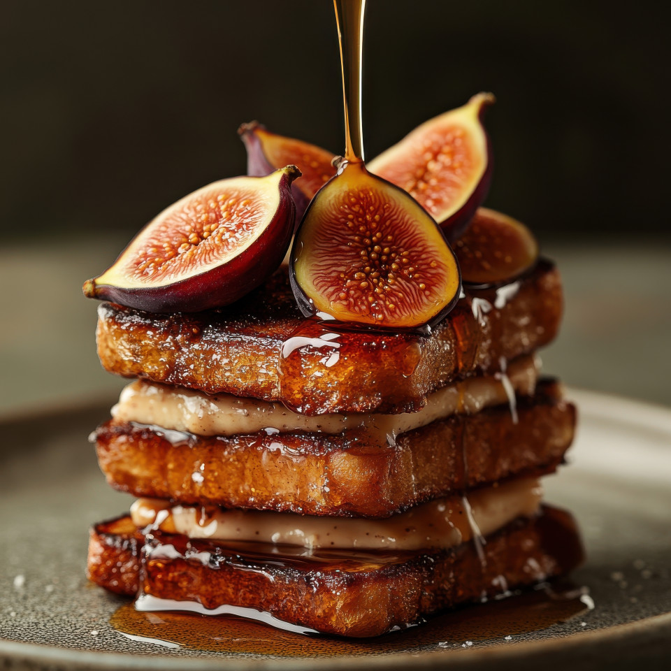 French toast stack topped with sliced figs and honey drizzle, forest green backdrop, rich soft textures highlighted, minimalist food photography, layered food prompt