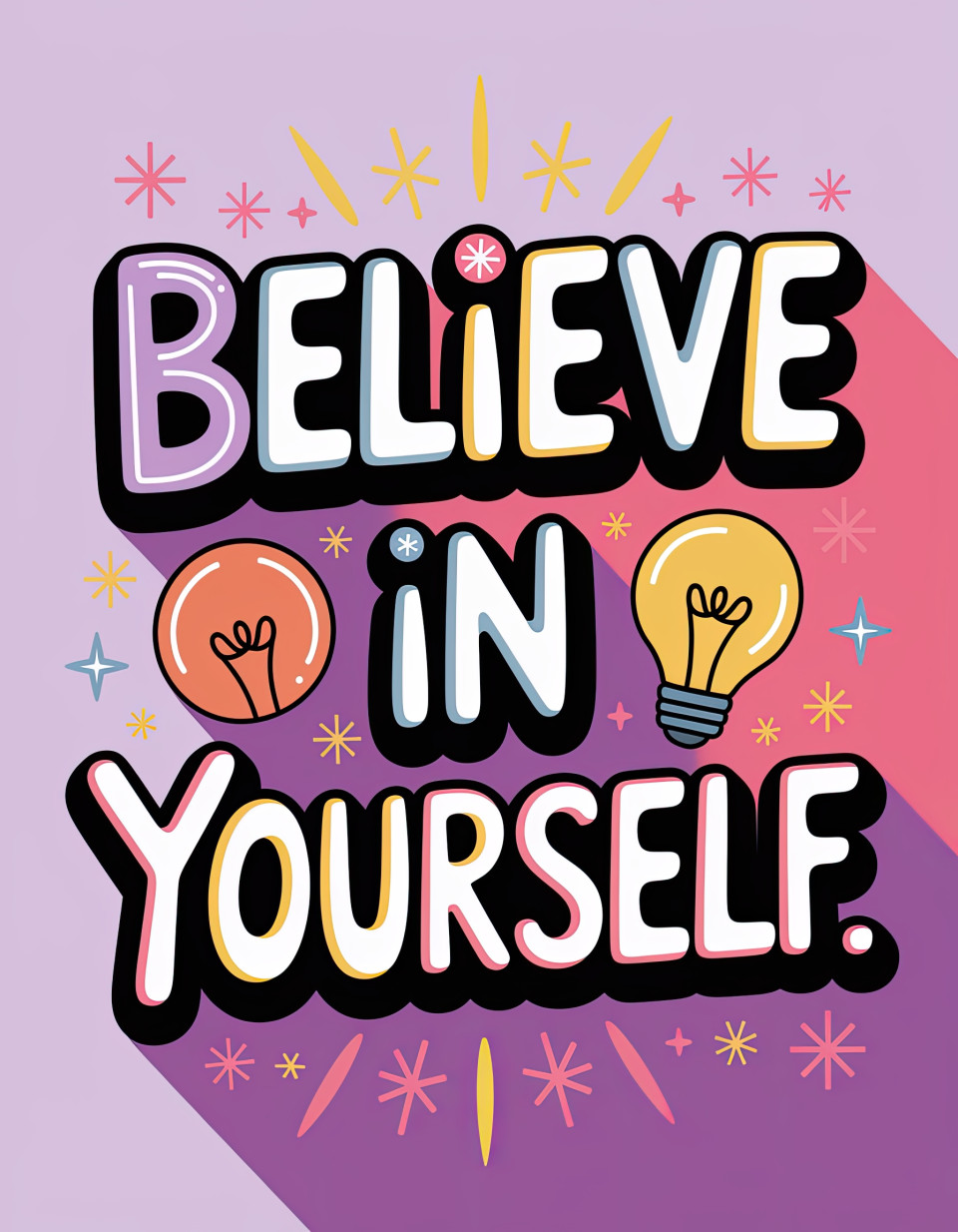 Motivational quote "believe in yourself" with pastel colorful typography, stars and lightbulbs on purple pink gradient, motivational quote typography, ai image prompts