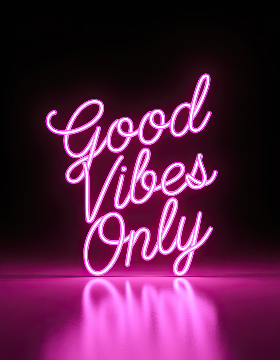 Neon glow typography "good vibes only" in pink neon on matte black, cinematic neon sign style, glowing lettering design, ai image prompts, ideogram prompt.